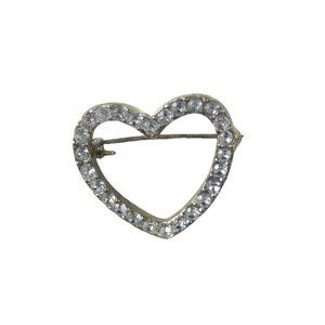 Heart Brooch Pin Silvetone Vintage .8  inch Estate Rhinestones Valentine's Day